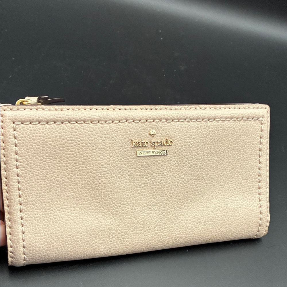 kate spade Taupe pebble leather snap and zipper wallet with gold logo
